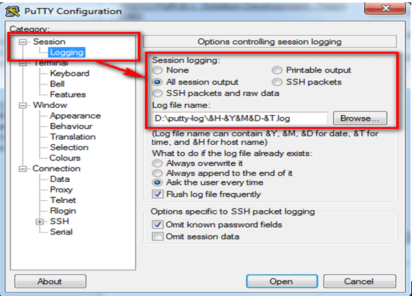 how to configure putty to save all sessions