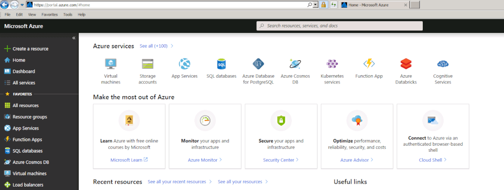 Azure Web Portal Main Page